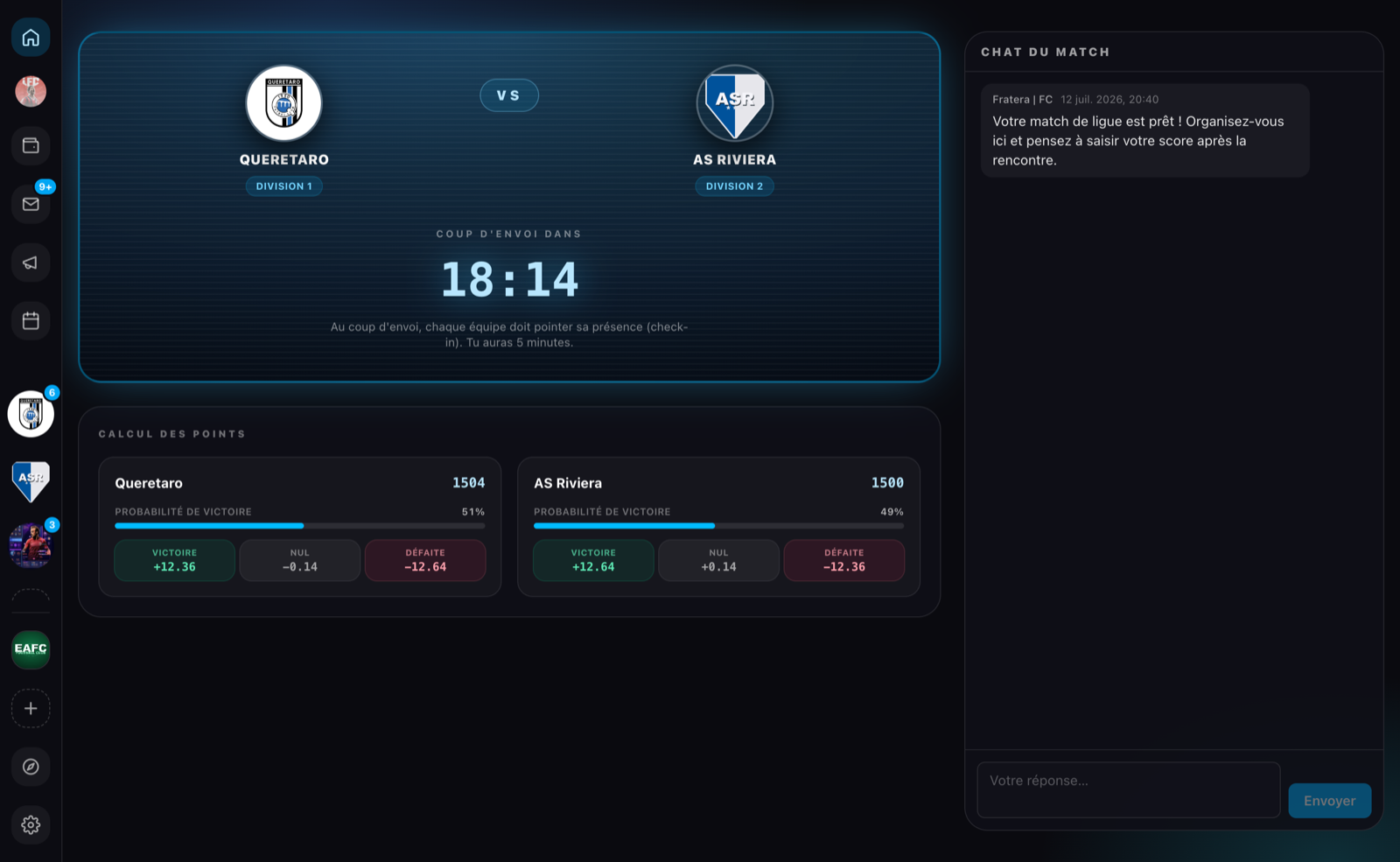La page d'un match de ligue : compte à rebours du coup d'envoi, calcul des points et chat du match