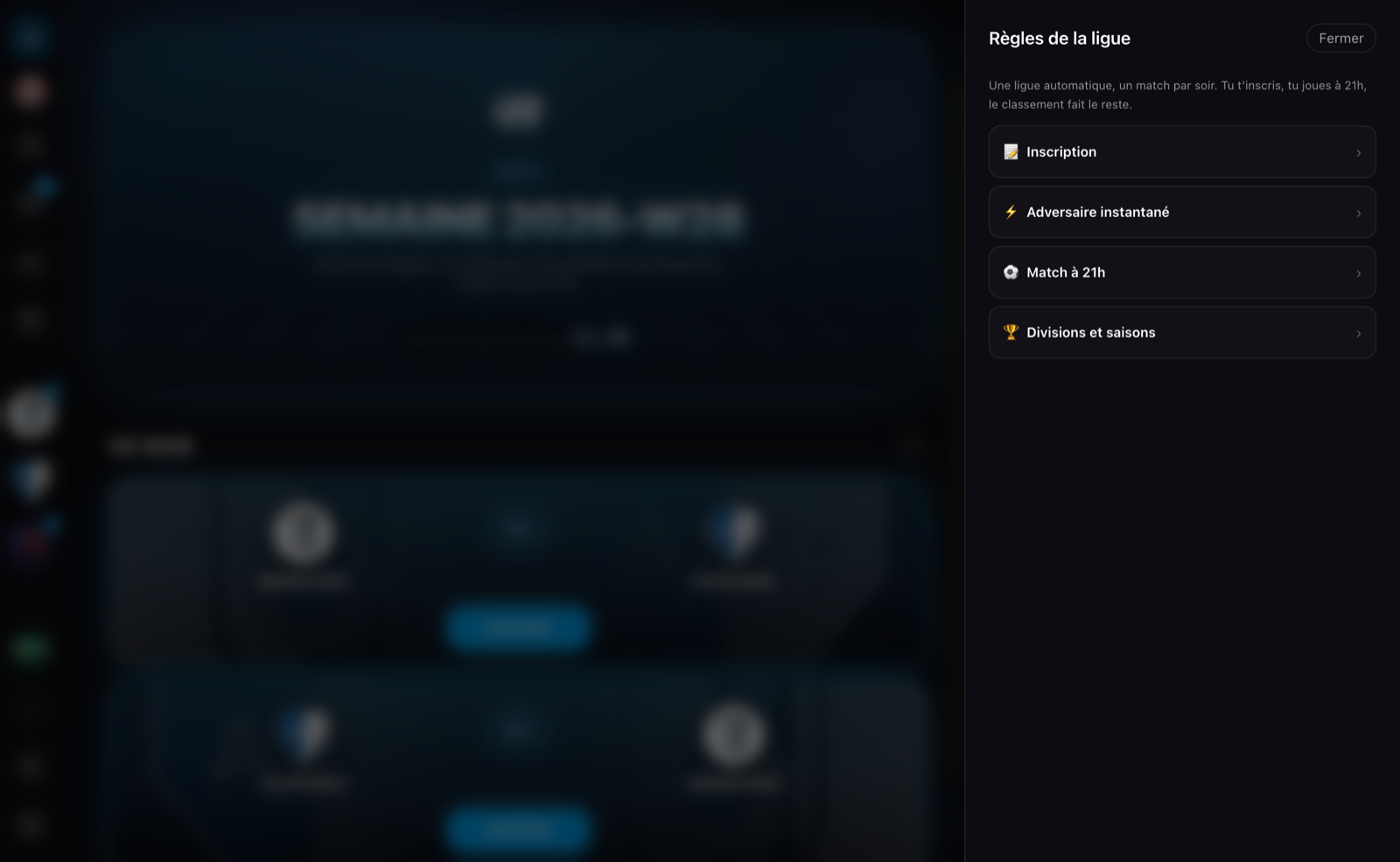 Le guide des règles de la ligue, ouvert depuis le hub