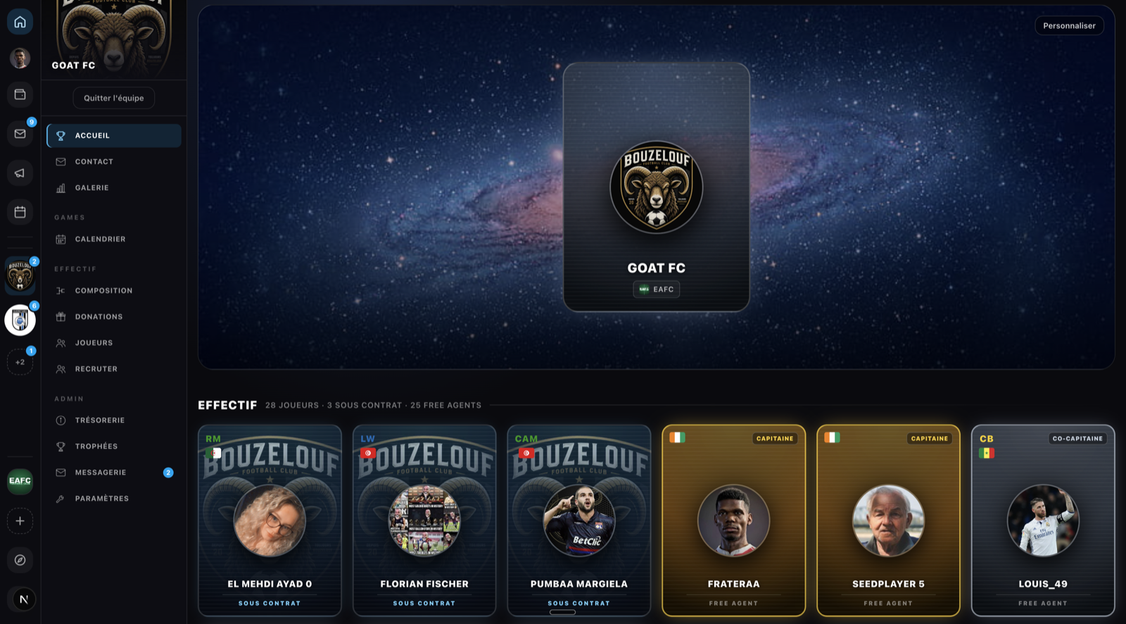 A club's home page and its player cards