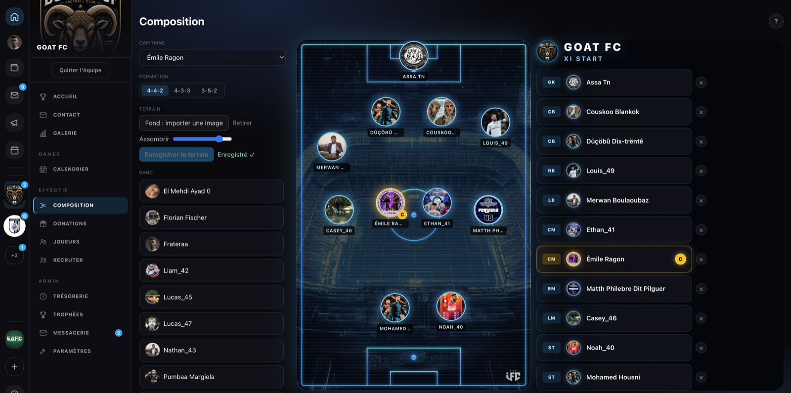 La alineación táctica: formación, banquillo, campo personalizable y 11 inicial